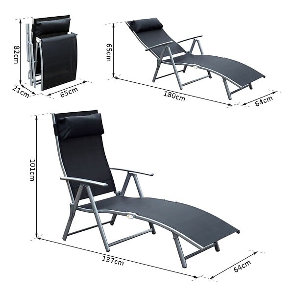 OUTSUNNY - Outsunny transat chaise longue bain de soleil pliable dossier inclinable multi-positions têtière fournie 137L x 64l x 101H cm métal époxy textilène noir - large