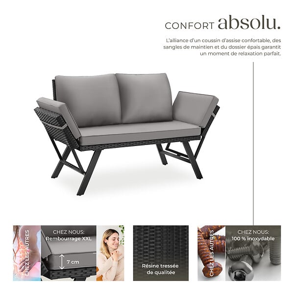 TECTAKE - Canapé lounge en rotin SINTRA 2-en-1 gris clair/noir - large