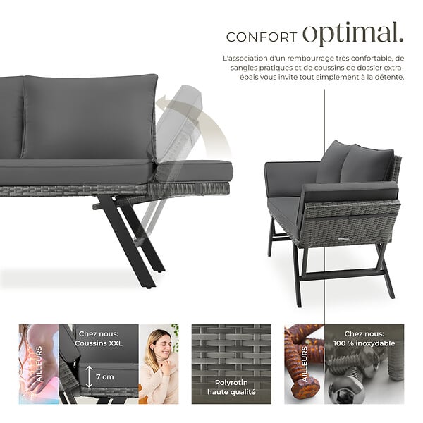 TECTAKE - Canapé lounge en rotin SINTRA 2-en-1 gris - large