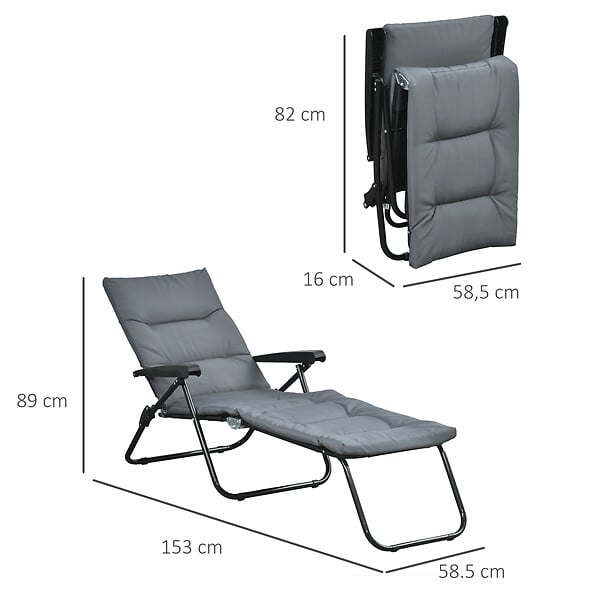 OUTSUNNY - Bain de soleil pliable transat inclinable 6 positions grand confort avec matelas + accoudoirs acier polyester gris - large