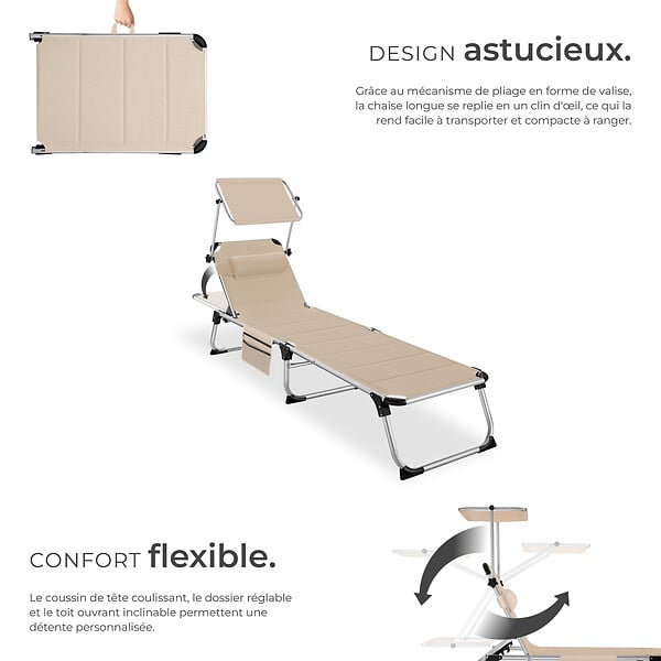 TECTAKE - Chaise longue en aluminium Lorella, rembourrée et pliable beige - large