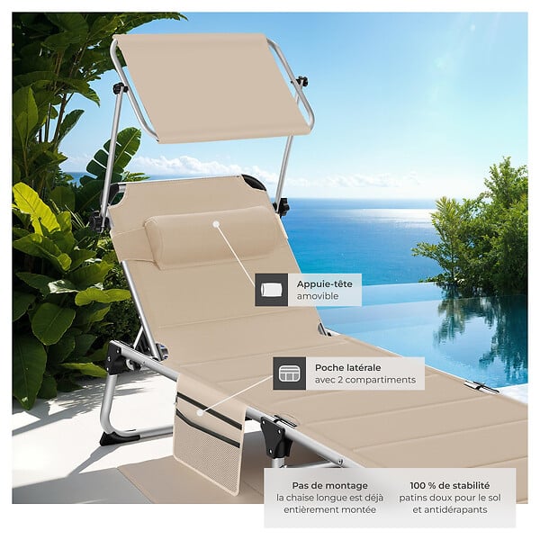TECTAKE - Chaise longue en aluminium Lorella, rembourrée et pliable beige - large