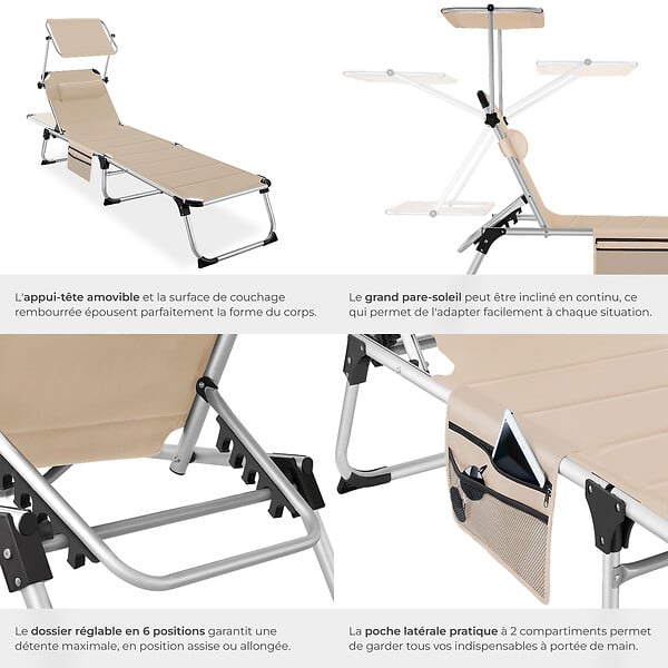 TECTAKE - Chaise longue en aluminium Lorella, rembourrée et pliable beige - large
