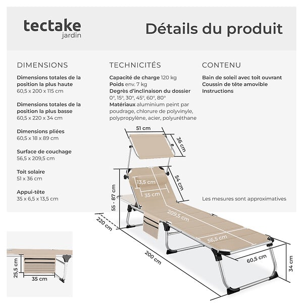TECTAKE - Chaise longue en aluminium Lorella, rembourrée et pliable beige - large