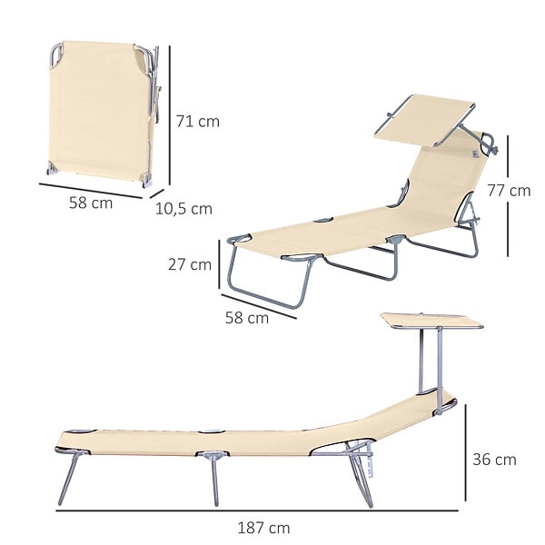 OUTSUNNY - Transat bain de soleil pliable grand confort dossier et pare-soleil réglable multi-positions beige - large