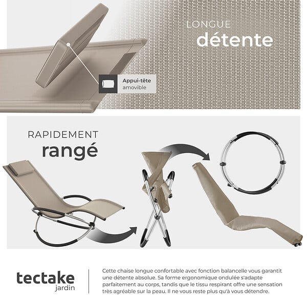 TECTAKE - Bain de soleil Paulina ergonomique, pliable, 150 kg beige - large