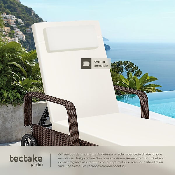 TECTAKE - Bain de soleil métal 6 positions avec roulettes marron marbré - large