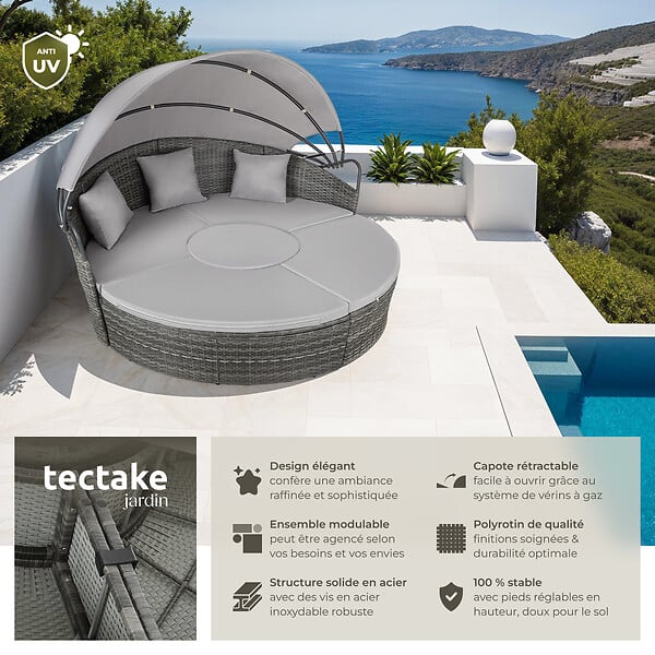 TECTAKE - Bain de soleil rond modulable SANTORIN gris - large