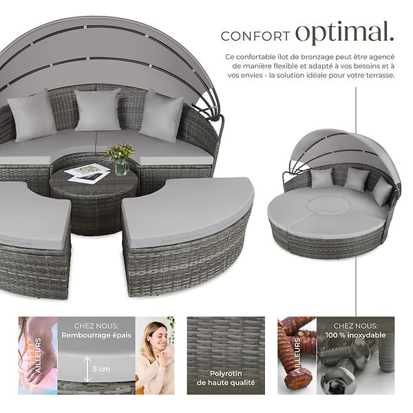 TECTAKE - Bain de soleil rond modulable SANTORIN gris - large