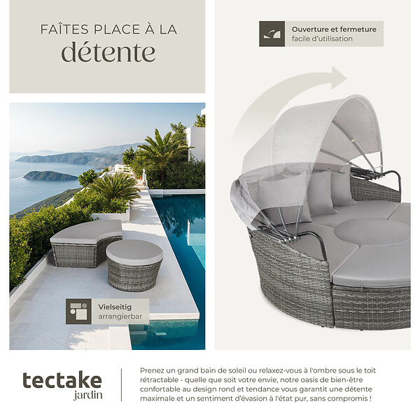 TECTAKE - Bain de soleil rond modulable SANTORIN gris - large