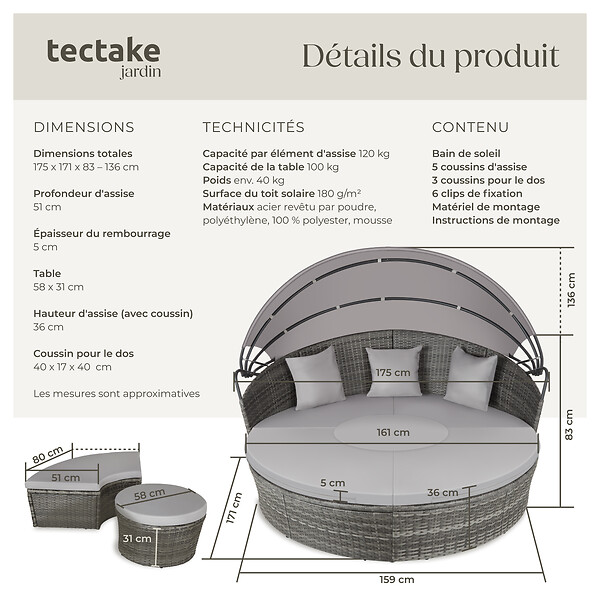TECTAKE - Bain de soleil rond modulable SANTORIN gris - large
