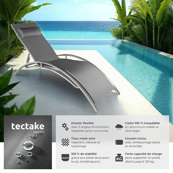 TECTAKE - 2 chaises longues en aluminium, à 5 niveaux gris - large