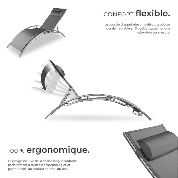 TECTAKE - 2 chaises longues en aluminium, à 5 niveaux gris - large