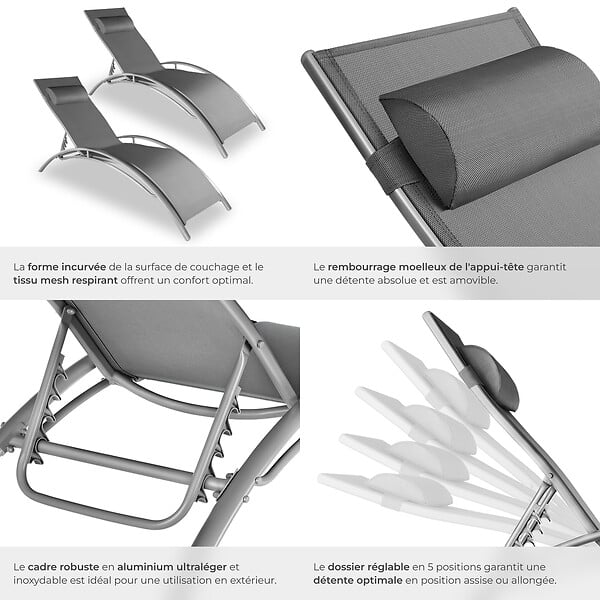 TECTAKE - 2 chaises longues en aluminium, à 5 niveaux gris - large
