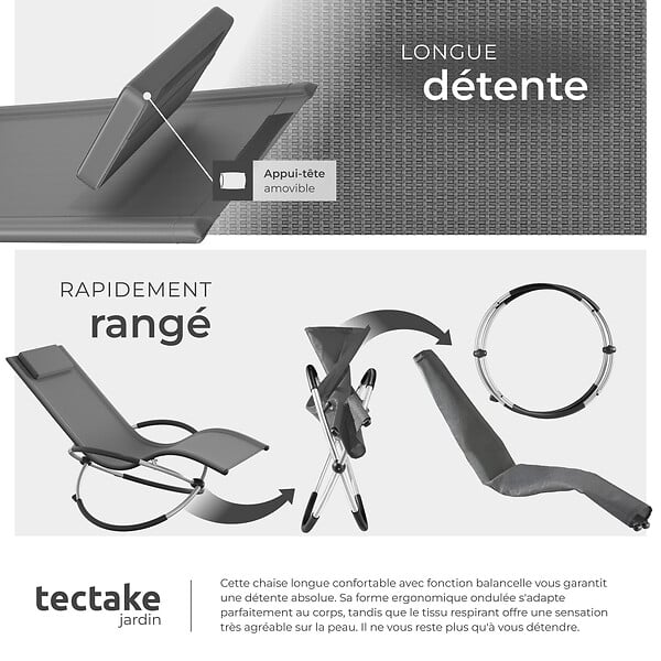 TECTAKE - Bain de soleil Paulina ergonomique, pliable, 150 kg gris - large