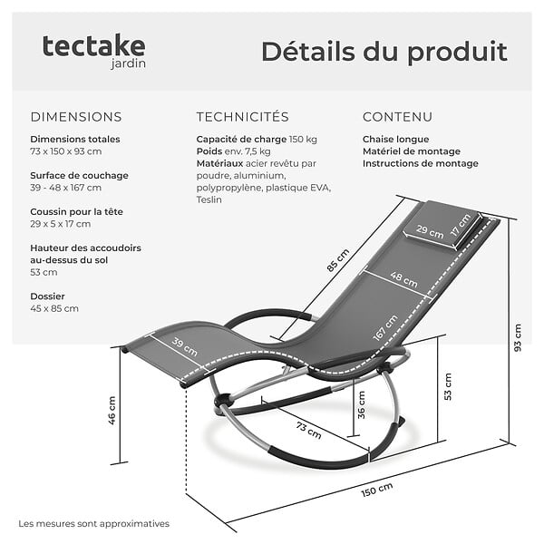 TECTAKE - Bain de soleil Paulina ergonomique, pliable, 150 kg gris - large