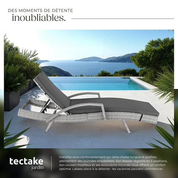 TECTAKE - Chaise longue en rotin et aluminium Océane gris clair - large