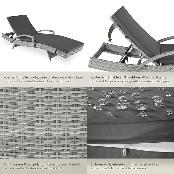 TECTAKE - Chaise longue en rotin et aluminium Océane gris clair - large
