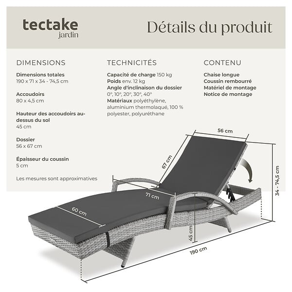 TECTAKE - Chaise longue en rotin et aluminium Océane gris clair - large