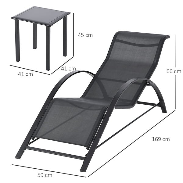 OUTSUNNY - Lot de 2 bains de soleil design contemporain table basse plateau verre trempé métal époxy textilène noir - large