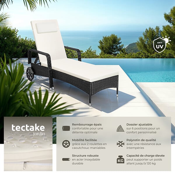 TECTAKE - Bain de soleil métal 6 positions avec roulettes noir/beige - large