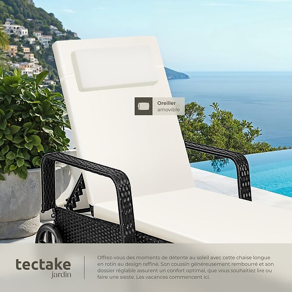 TECTAKE - Bain de soleil métal 6 positions avec roulettes noir/beige - large
