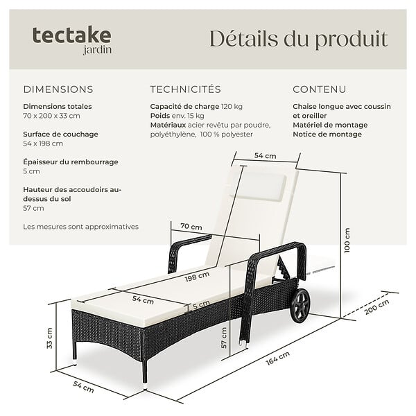 TECTAKE - Bain de soleil métal 6 positions avec roulettes noir/beige - large