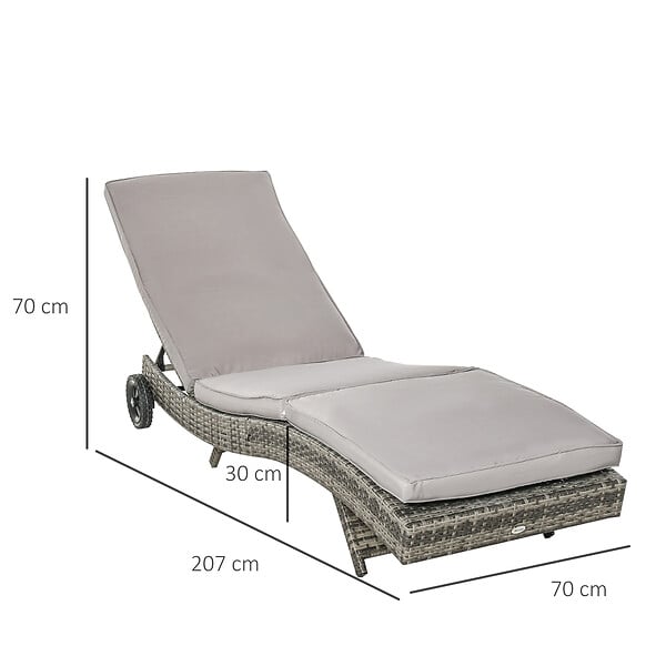 OUTSUNNY - Bain de soleil transat grand confort - dossier inclinable 5 positions roulettes - matelas déhoussable inclus - résine tressée grise - large