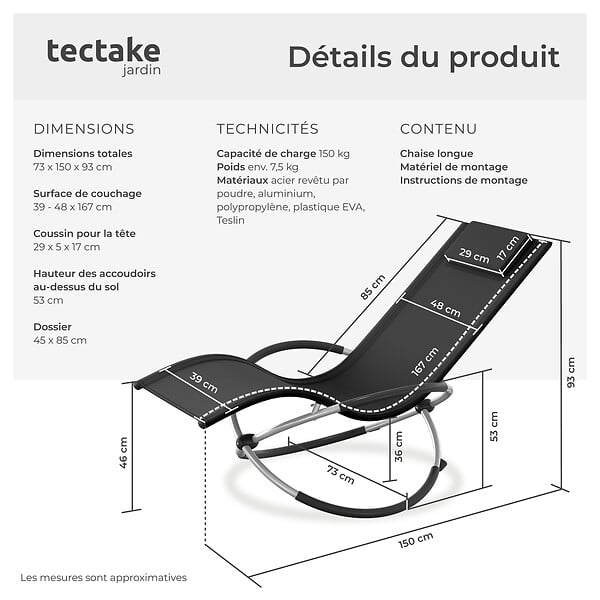 TECTAKE - Bain de soleil Paulina ergonomique, pliable, 150 kg noir - large