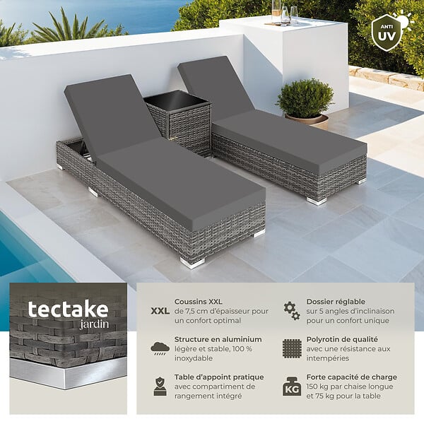 TECTAKE - Lot de 2 bains de soleil design luxueux en rotin et aluminium exterieur gris - large