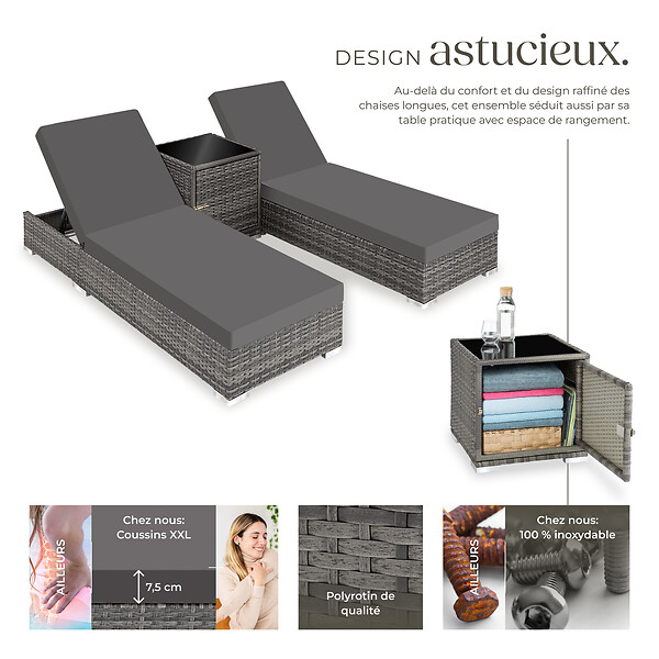 TECTAKE - Lot de 2 bains de soleil design luxueux en rotin et aluminium exterieur gris - large