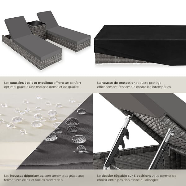 TECTAKE - Lot de 2 bains de soleil design luxueux en rotin et aluminium exterieur gris - large