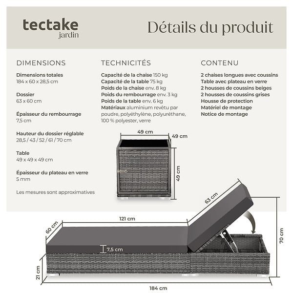 TECTAKE - Lot de 2 bains de soleil design luxueux en rotin et aluminium exterieur gris - large