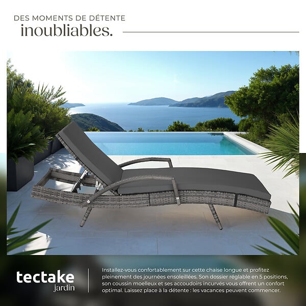 TECTAKE - Chaise longue en rotin et aluminium Océane gris - large