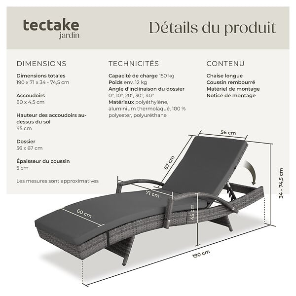TECTAKE - Chaise longue en rotin et aluminium Océane gris - large