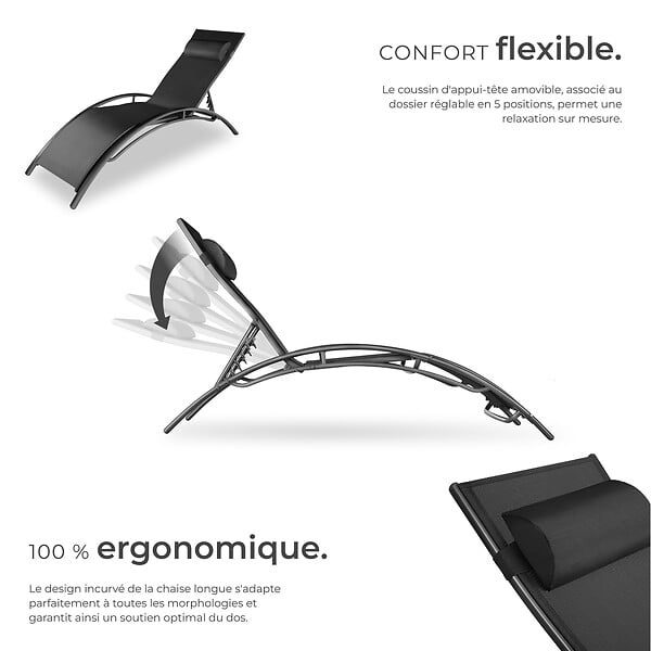TECTAKE - 2 chaises longues en aluminium, à 5 niveaux noir - large