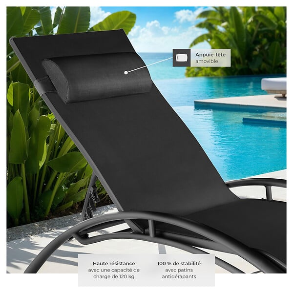 TECTAKE - 2 chaises longues en aluminium, à 5 niveaux noir - large
