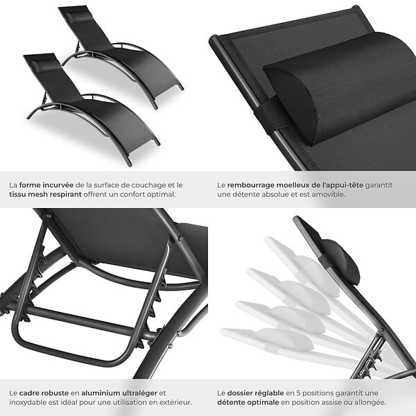 TECTAKE - 2 chaises longues en aluminium, à 5 niveaux noir - large