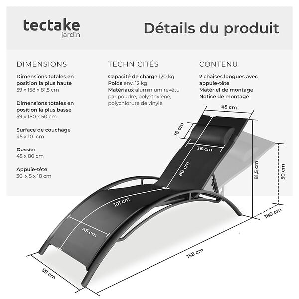 TECTAKE - 2 chaises longues en aluminium, à 5 niveaux noir - large
