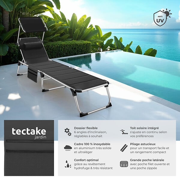 TECTAKE - Chaise longue en aluminium Lorella, rembourrée et pliable noir - large