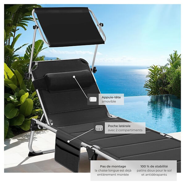 TECTAKE - Chaise longue en aluminium Lorella, rembourrée et pliable noir - large