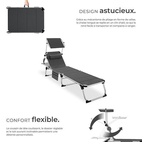 TECTAKE - Chaise longue en aluminium Lorella, rembourrée et pliable gris - large