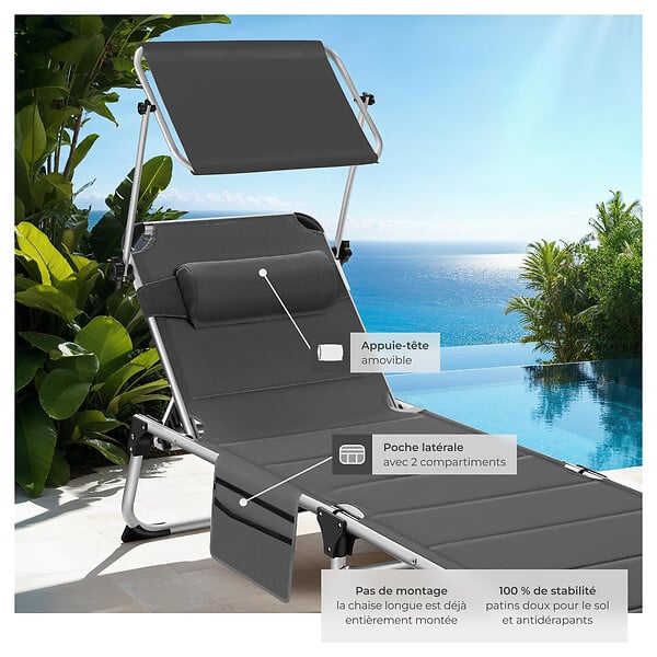 TECTAKE - Chaise longue en aluminium Lorella, rembourrée et pliable gris - large