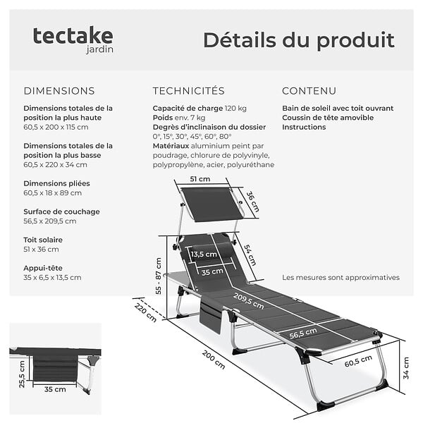TECTAKE - Chaise longue en aluminium Lorella, rembourrée et pliable gris - large