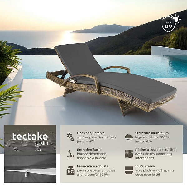 TECTAKE - Chaise longue en rotin et aluminium Océane marron naturel - large