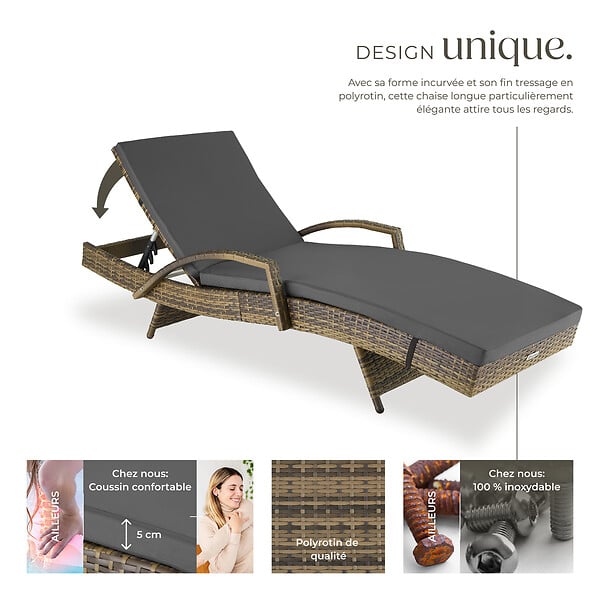 TECTAKE - Chaise longue en rotin et aluminium Océane marron naturel - large