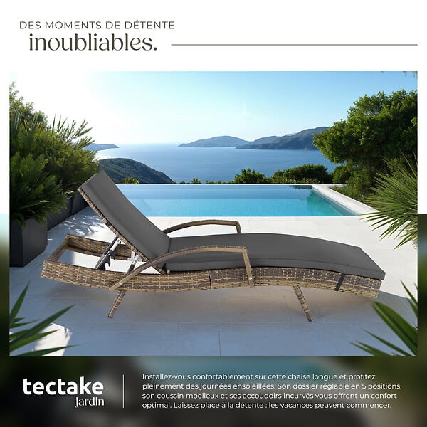 TECTAKE - Chaise longue en rotin et aluminium Océane marron naturel - large
