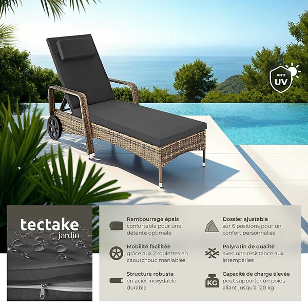 TECTAKE - Bain de soleil résine tressée en métal gris foncé 6 positions coussin intérieur extérieur - large
