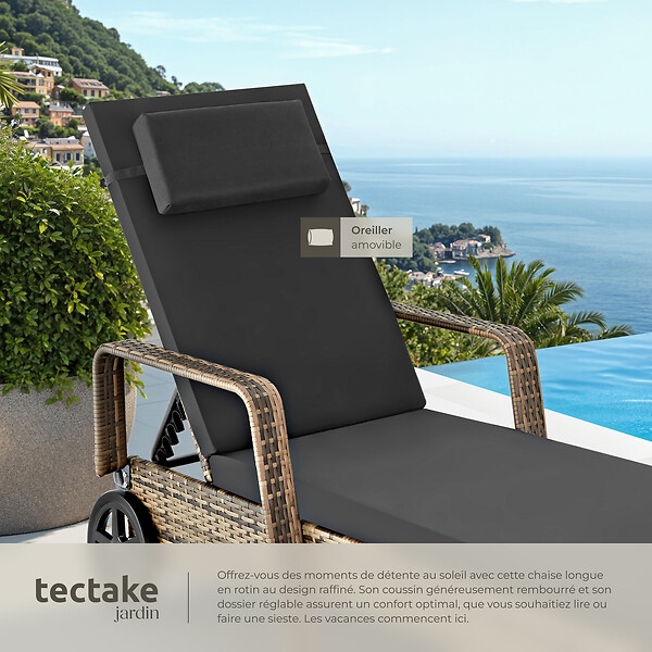 TECTAKE - Bain de soleil résine tressée en métal gris foncé 6 positions coussin intérieur extérieur - large