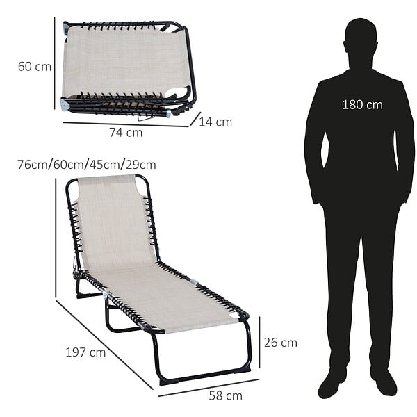 OUTSUNNY - Bain de soleil transat pliable dossier inclinable multi-positions acier thermoplastique lacets élastiques noir textilène crème - large